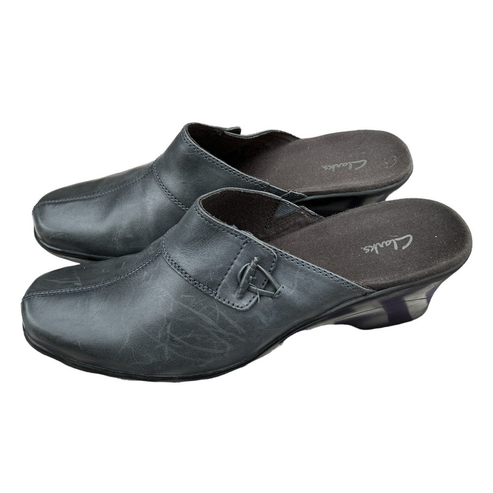 Clarks Black Leather Wedge Mules Clogs Toggle Accent Womens 10M 81665